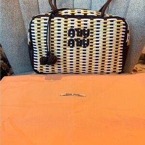 NWOT Authentic Miu Miu Maple, Sunny Yellow, and White Woven Satchel w/dust cover